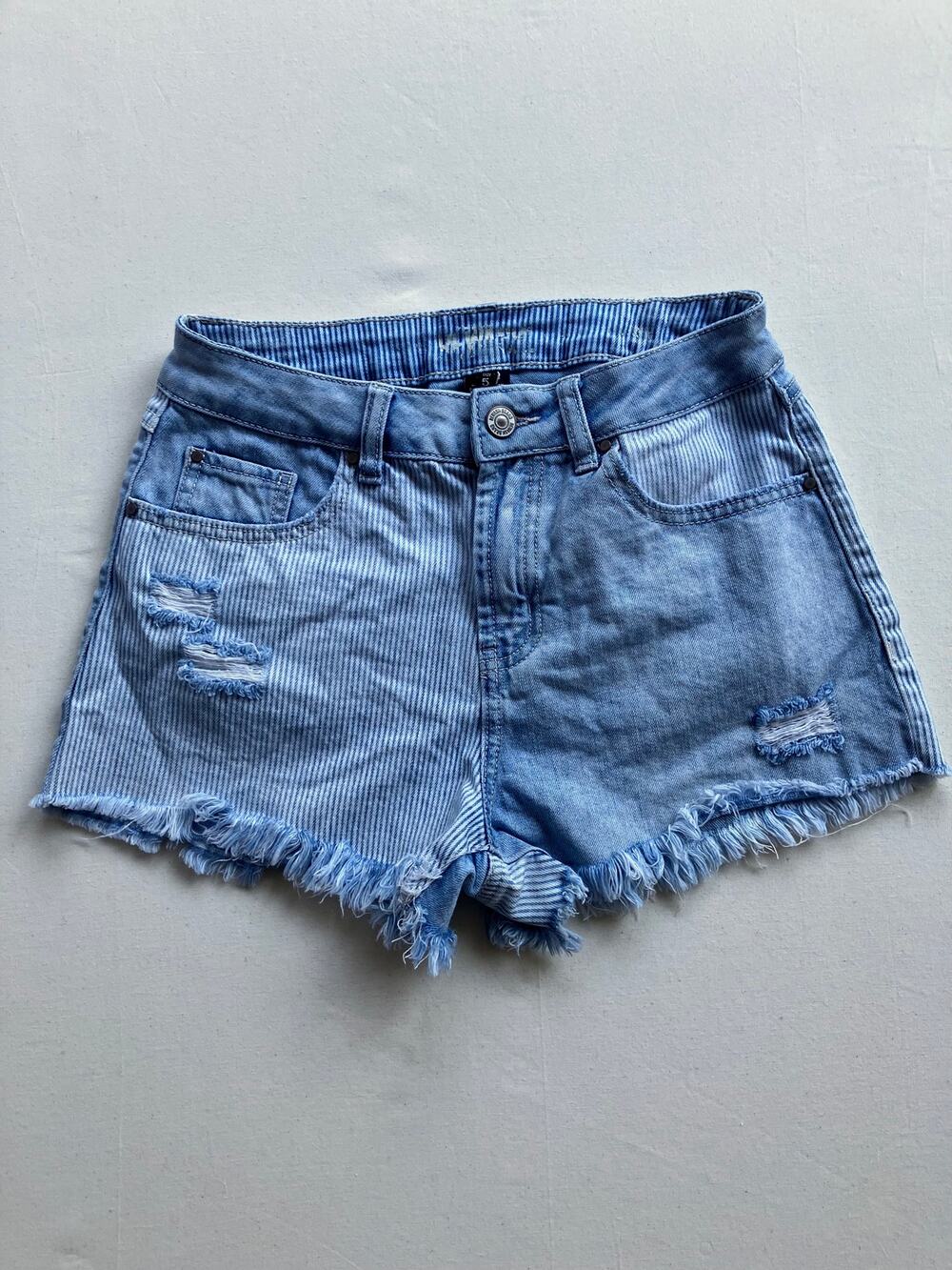 Pinstripe Denim Shorts Size 5 Distressed Frayed Cutoffs Womens 26"